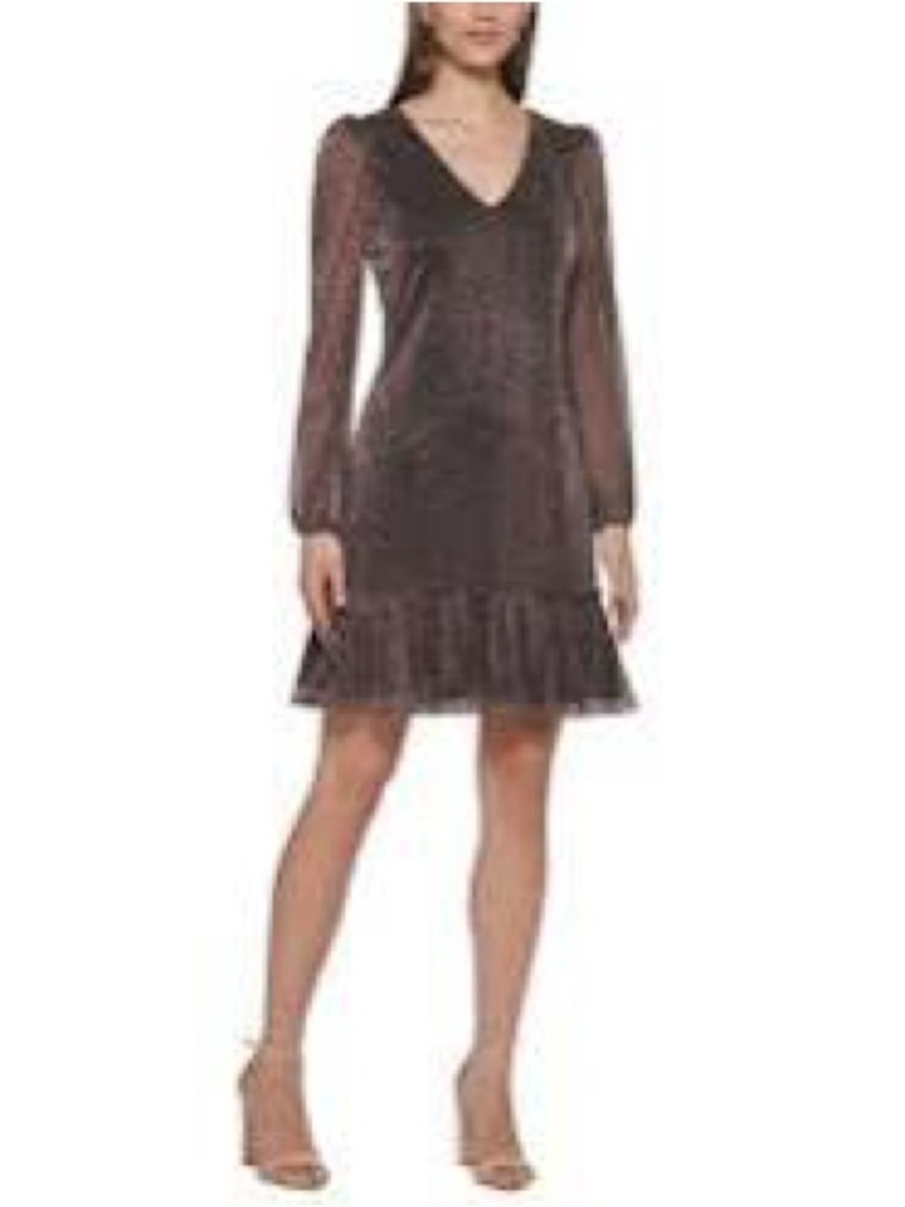 Kensie Shimmer V-Neck Long Sleeve Ruffle Hem Dress in Black with Silver 10/12
